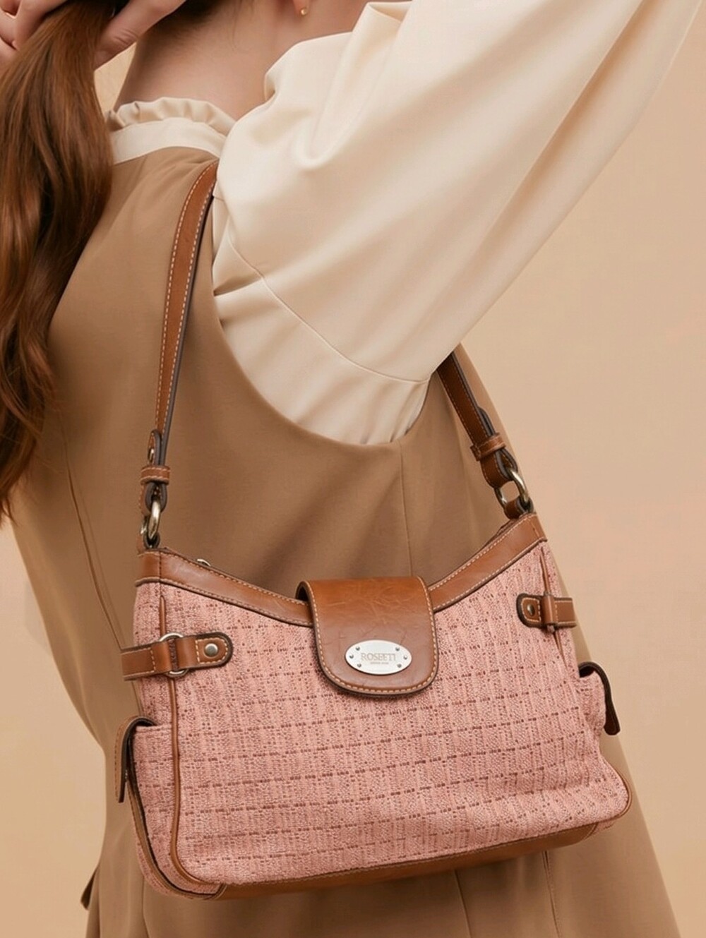 LIKE NEW. Rosetti- peach weave w brown leather